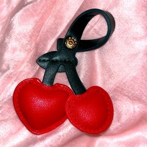 Bag charm, cherries, cherry, faux leather. Snap. New. Red and green gift. Her.